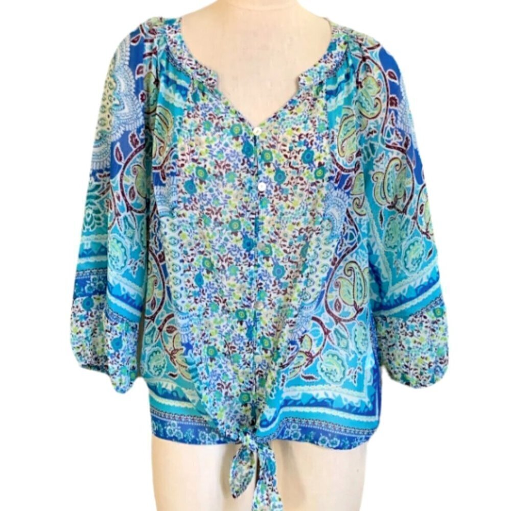 Figueroa & Flower BOHO‎ Mixed Pattern Floral Blouse L Turquoise Blue #354i